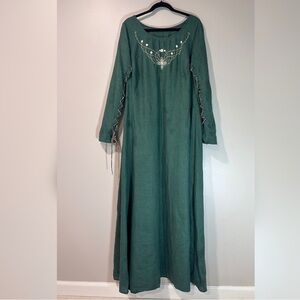 Armstreet Medieval Fantasy Green Embroidered Linen Maxi Dress